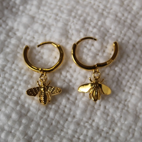 Sterling Silver Gold Huggie Hoop Bee Earrings - Picture 3 of 4